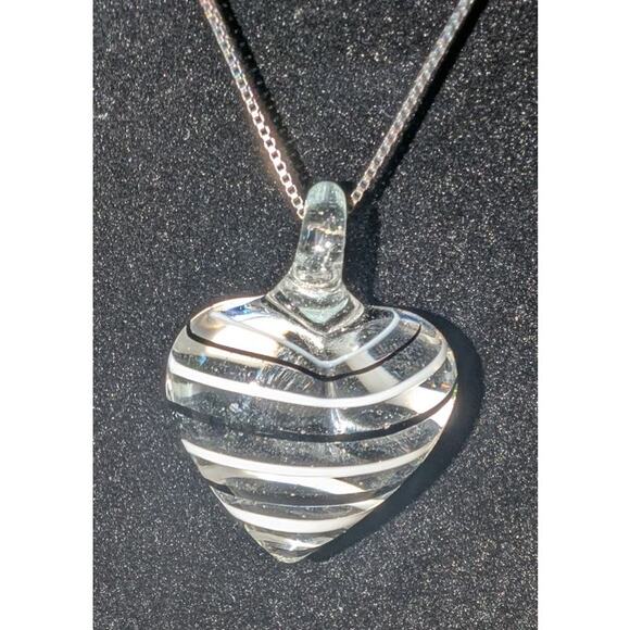 Murano Style Art Glass Necklace Heart Striped Pendant Sterling Silver Chain - Picture 1 of 8